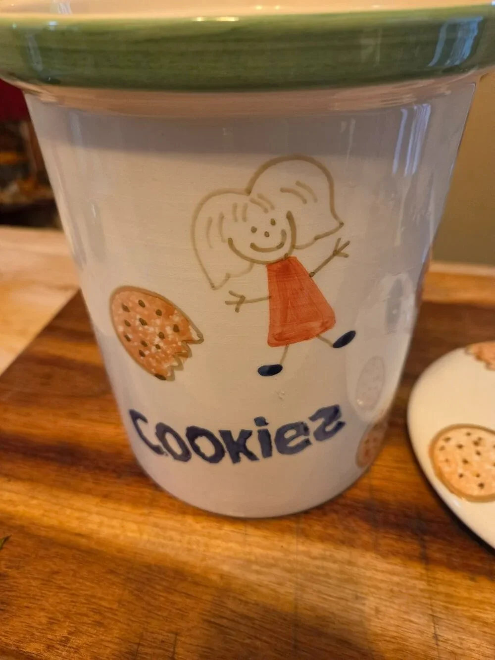hand painted pier1 Italy cookie jar child stick figures &decorated cookie lid
